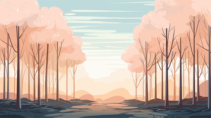 Small minimalist background illustration, line art style. one line, creative,anime. Vectorized lush forest scene with sunlight filtering through trees, embodying the serene and rejuvenating essence of