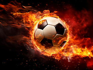 Soccer ball in fire flames on black background.