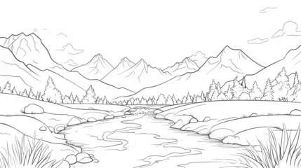 Draagtas Small minimalist background illustration, line art style. one line, creative,anime. Abstract mountain landscape with flowing river, symbolizing the majestic and tranquil aspects of nature's diverse © J.V.G. Ransika