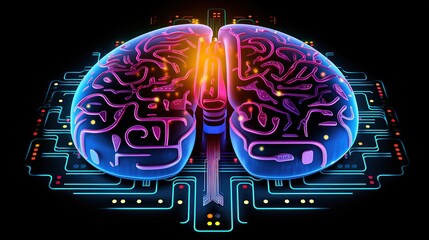 Artificial Intelligence in Image of Brain on Neon Computer Chip. Generative AI