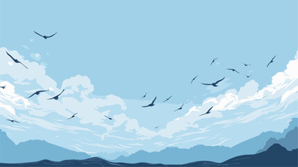 Small minimalist background illustration, line art style. one line, creative,anime. Abstract birds in flight against a blue sky, illustrating the freedom and vitality found in the open expanses of - obrazy, fototapety, plakaty