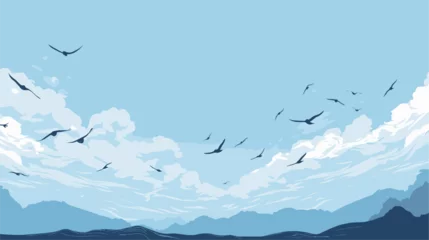 Fotobehang Small minimalist background illustration, line art style. one line, creative,anime. Abstract birds in flight against a blue sky, illustrating the freedom and vitality found in the open expanses of © J.V.G. Ransika