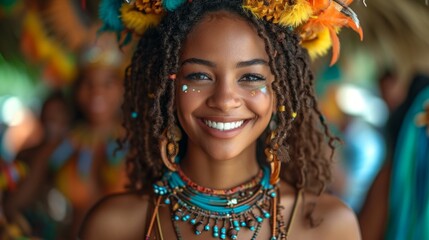 Portrait of beautiful african american woman with dreadlocks in traditional costume. - obrazy, fototapety, plakaty