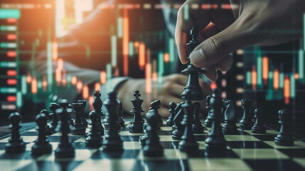 hands of people playing chess on the table, investing and doing business like playing chess concept on stock market background