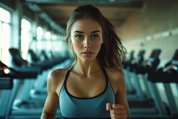 Fototapeta premium Fit young woman in sportswear running on a treadmill