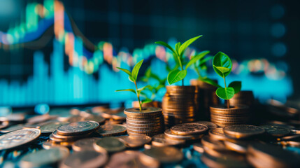 Plants growing on a pile of coins on the table. stock chart background, financial growth and financial freedom concept