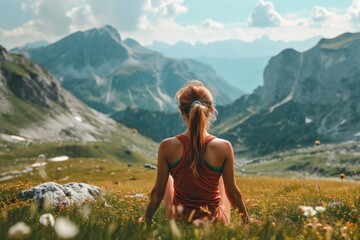 Naklejka premium Active woman enjoys the beautiful scenery of the majestic mountains