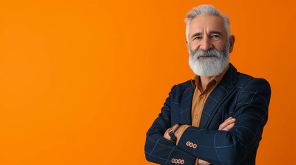 Portrait of old confident and happy leader,investor, businessman, manager, freelance on orange background copy space