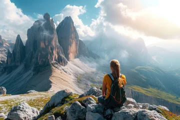 Foto op Plexiglas Active woman enjoys the beautiful scenery of the majestic mountains © senyumanmu