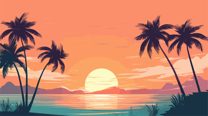Fototapeta na wymiar Vectorized serene beach sunset scene with palm trees, embodying the tranquil and picturesque atmosphere of a tropical paradise. simple minimalist illustration creative