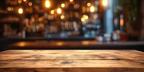 Foto op Plexiglas Empty wooden table set in bar or pub counter defining interior of cafe light casting blurred shadows in restaurant drink ambiance at night top view against dark background desk space © Thares2020