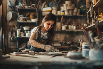 young woman working in a workshop - obrazy, fototapety, plakaty