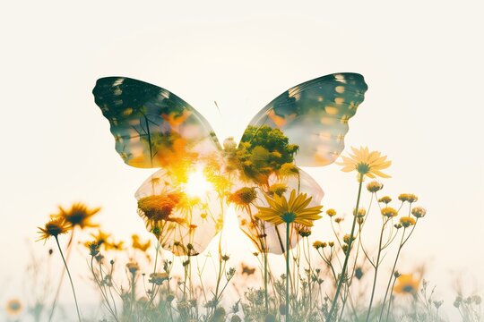  butterfly and wild flowers double exposure photography