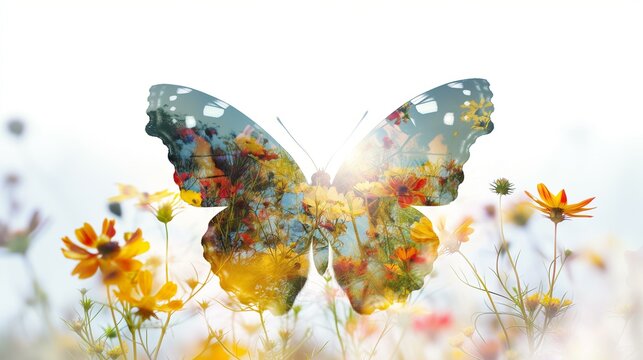  butterfly and wild flowers double exposure photography