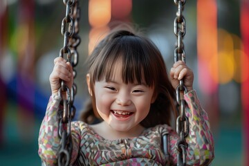Happy child with down syndrome enjoying swing on playground