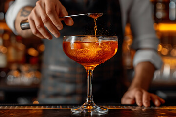 Bar concept - bartender preparing cocktail, closeup