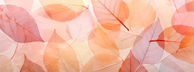 Fototapeta na wymiar Abstract peach fuzz colored translucent layered fallen autumnal leaves, macro nature, autumn fall illustration background banner texture pattern.