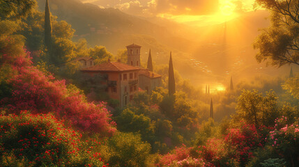 Obraz premium Tuscan Villa Surrounded by Blossoms