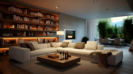 Living room interior design in modern home room. Contemporary, stylish interior with high ceilings and a large window overlooking the green garden. Real estate advertising. Generative ai.