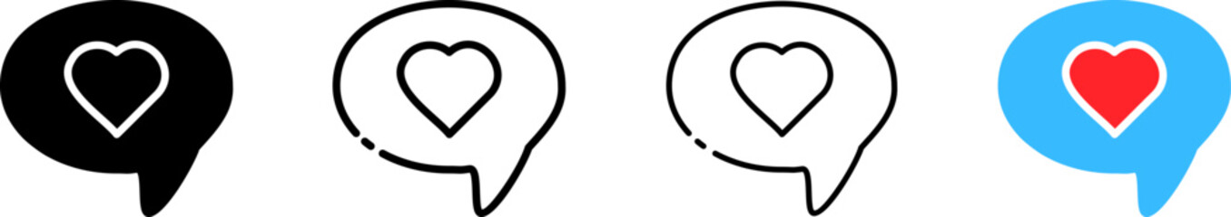 Heart inside message bubble icons. Line, speech bubble with heart. Vector icons