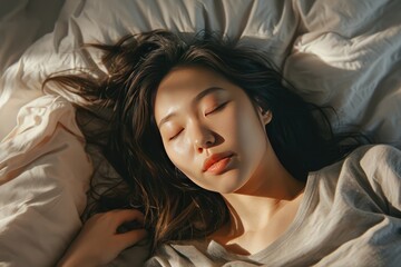 Naklejka premium sleeping young asian woman lies in bed with eyes closed