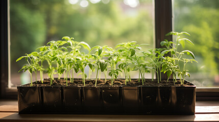 Young tomato seedlings on a windowsill in the sunlight