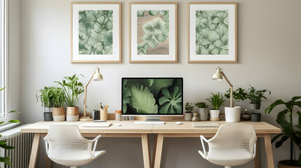Patterned mockup posters above desk with computer monitor in grey home office interior with plants. Generative ai.