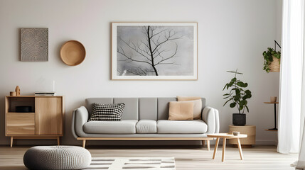 Grey couch with pillows in minimal living room interior with mockup poster above. Generative ai. 