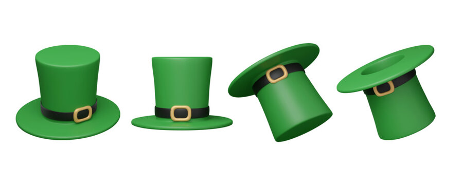 Set of green leprechaun hats in different angles. 3D St. Patrick's Day element render in plastic style. Cartoon vector illustration isolated on white background.