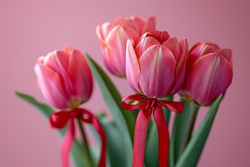 Obraz premium Bunch of Pink Tulips With Red Ribbon - Vibrant and Elegant Flowers for Any Occasion