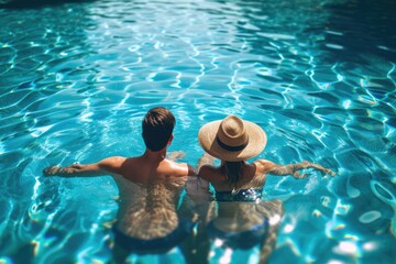 couple in the blue clear swimming pool together enjoying the summer holiday