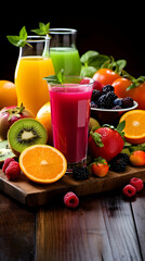 Fresh juice mix fruit, healthy drinks on wooden table