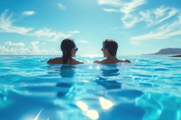 couple in the blue clear swimming pool together enjoying the summer holiday - obrazy, fototapety, plakaty