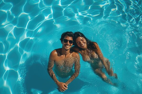 couple in the blue clear swimming pool together enjoying the summer holiday