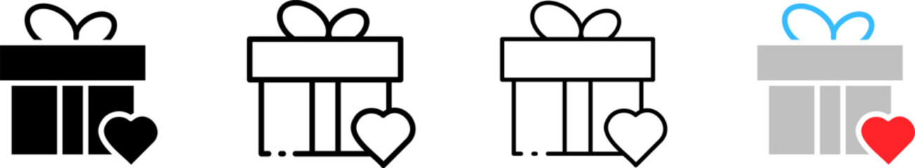 Gift box icons. Linear, gift boxes with heart icons. Vector icons