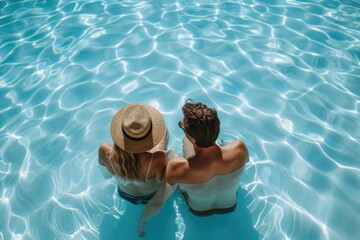 couple in the blue clear swimming pool together enjoying the summer holiday