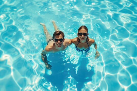 couple in the blue clear swimming pool together enjoying the summer holiday