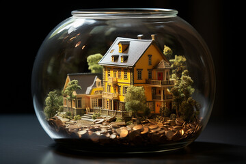 Miniature terrarium landscape village with people farmer, moss, wood and sheep with houses and church, tree in the background and a lamppost, handmade recycled materials for decorations of home