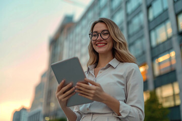 Fototapeta premium business woman working outside office, tab in hand