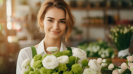 Young pretty female florist or worker of garden center holding green plastic box with fresh white eustoma flowers