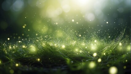 Green energy particles blurred bokeh bright glowing abstract background from Generative AI
