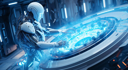 Robot cyborg in a control room flying a white modern spaceship with window view on space and digital Earth hologram 3D rendering