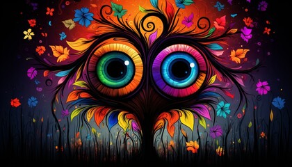 Colorful psychedelic spring poster with a cute flower character on a vibrant background