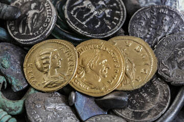 Archaeological remains of the Roman Empire.Authentic silver denarius, antoninianus,aureus of ancient Rome.Rare finds. Bronze artifacts.Antikvariat.