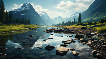 A breathtaking ultra-realistic landscape showcases towering mountains, a pristine lake, and lush pine forests