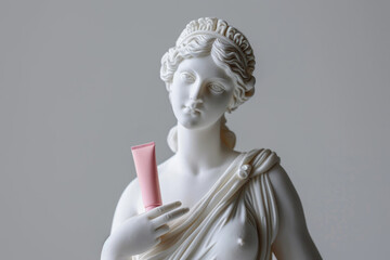 White sculpture of a beauty goddess with a pink tube of cosmetic cream. Natural cosmetics concept.
