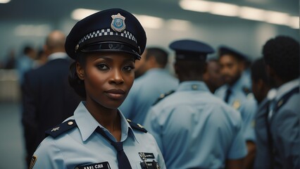 Portrait of a beautiful black african airport security personnel woman on uniform from Generative AI