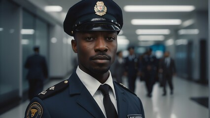 Portrait of a beautiful black african airport security personnel man on uniform from Generative AI - obrazy, fototapety, plakaty