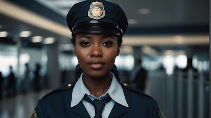 Portrait of a beautiful black african airport security personnel woman on uniform from Generative AI - obrazy, fototapety, plakaty