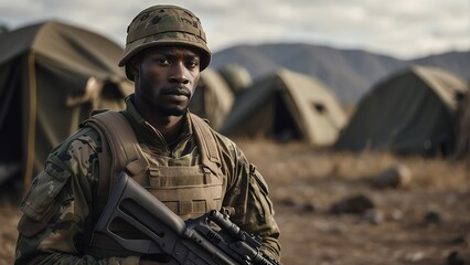Portrait of a handsome black african male soldier wearing camouflage on a base camp background from Generative AI - obrazy, fototapety, plakaty
